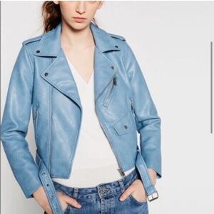 SMALL | Zara | Pale powder blue cropped moto biker vegan leather jacket